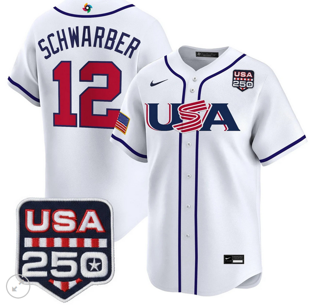 Men Team USA World Baseball Classic 250 America Patch #12 Kyle Schwarber white 2026 MLB Jersey Jersey->more jerseys->MLB Jersey